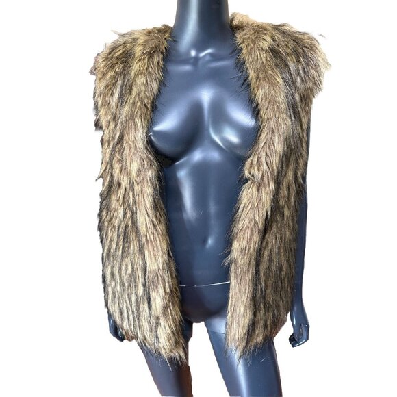 New Ellison Faux Fur Vest Women's Size M Brown Pockets Hook Eye Closure - Picture 2 of 10